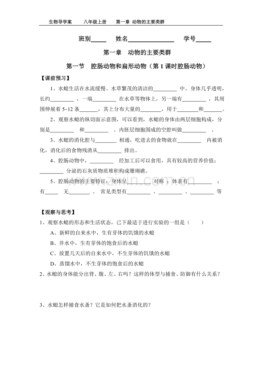 八年级上册第一节腔肠动物和扁形动物（导学案）.doc_第1页