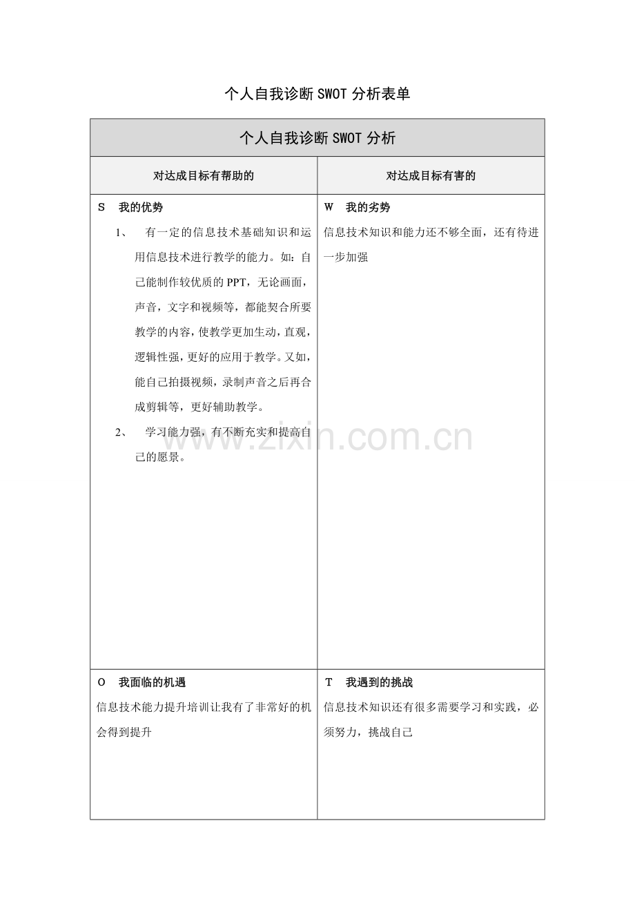 李小平的个人自我诊断SWOT分析表单_.doc_第1页