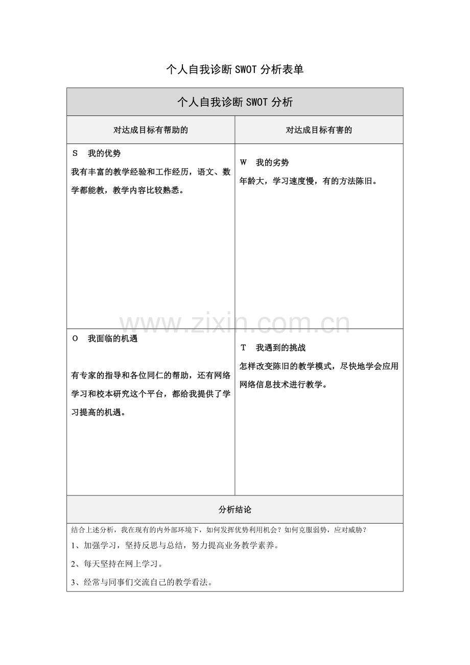 胡金琴的个人自我诊断SWOT分析表.doc_第1页