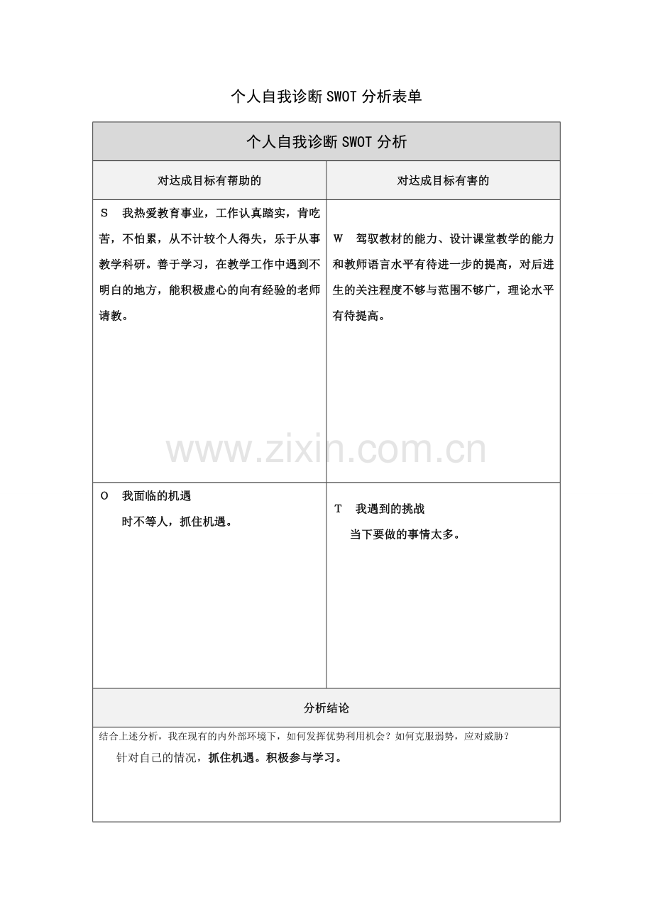 个人自我诊断SWOT分析表张付平.doc_第1页