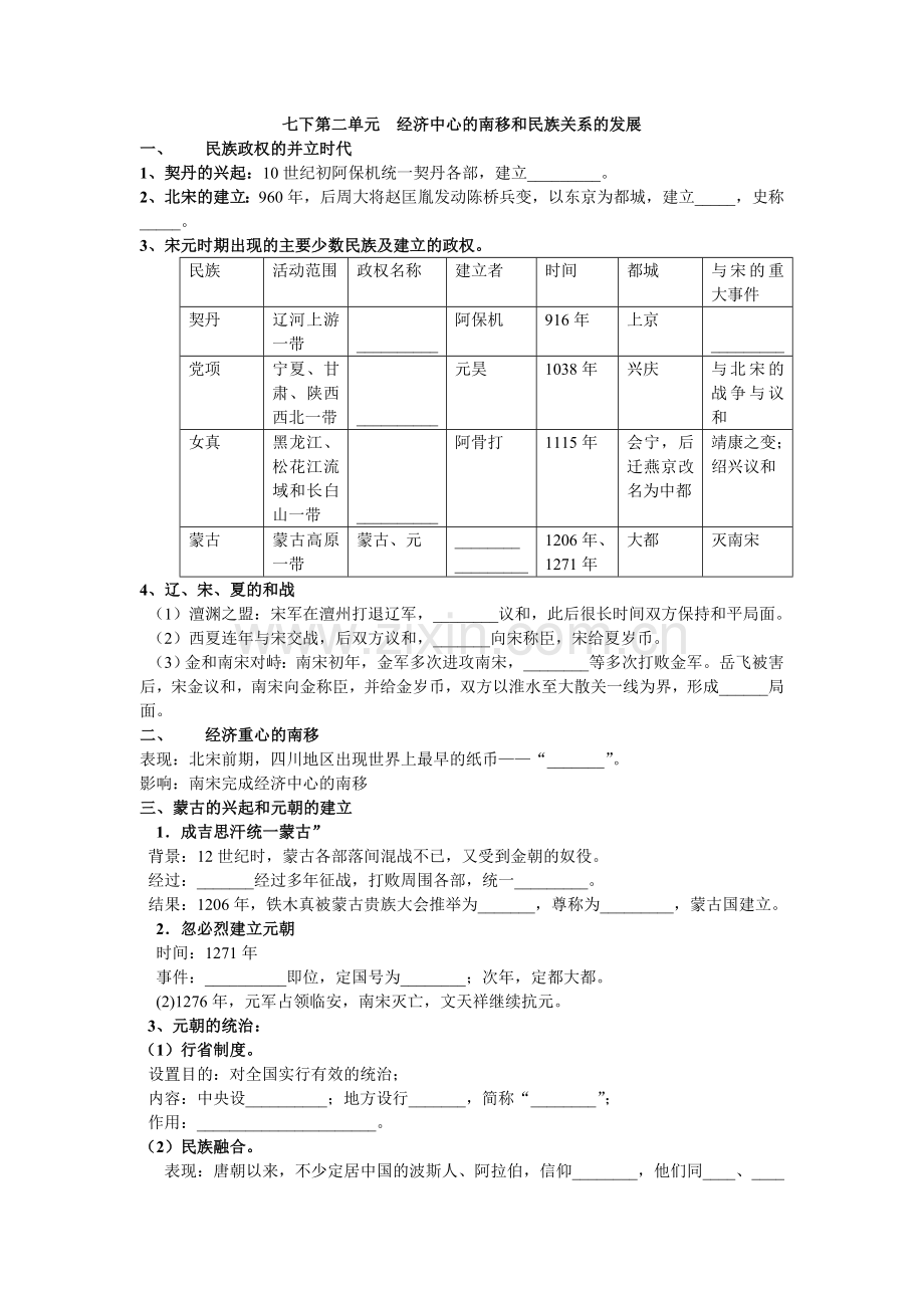 七下第二单元经济中心的南移和民族关系的发展.doc_第1页