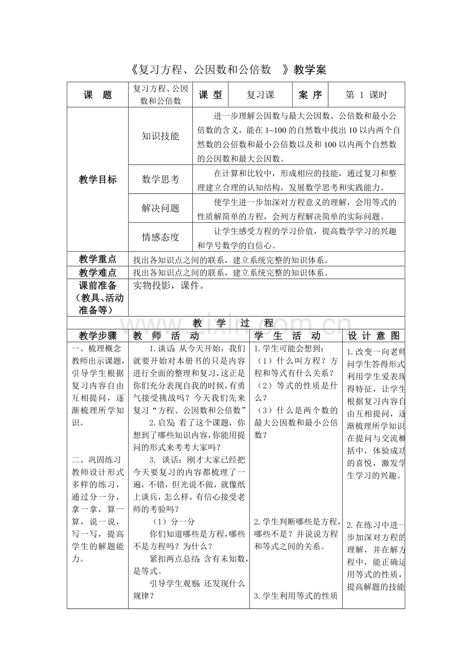 《复习方程、公因数和公倍数》教学案.doc_第1页