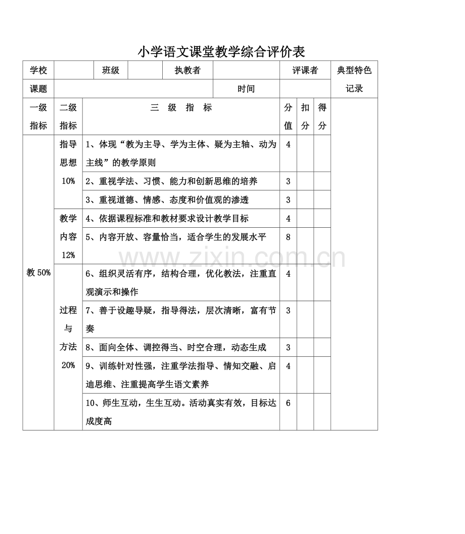 小学语文课堂教学综合评价表.docx_第1页