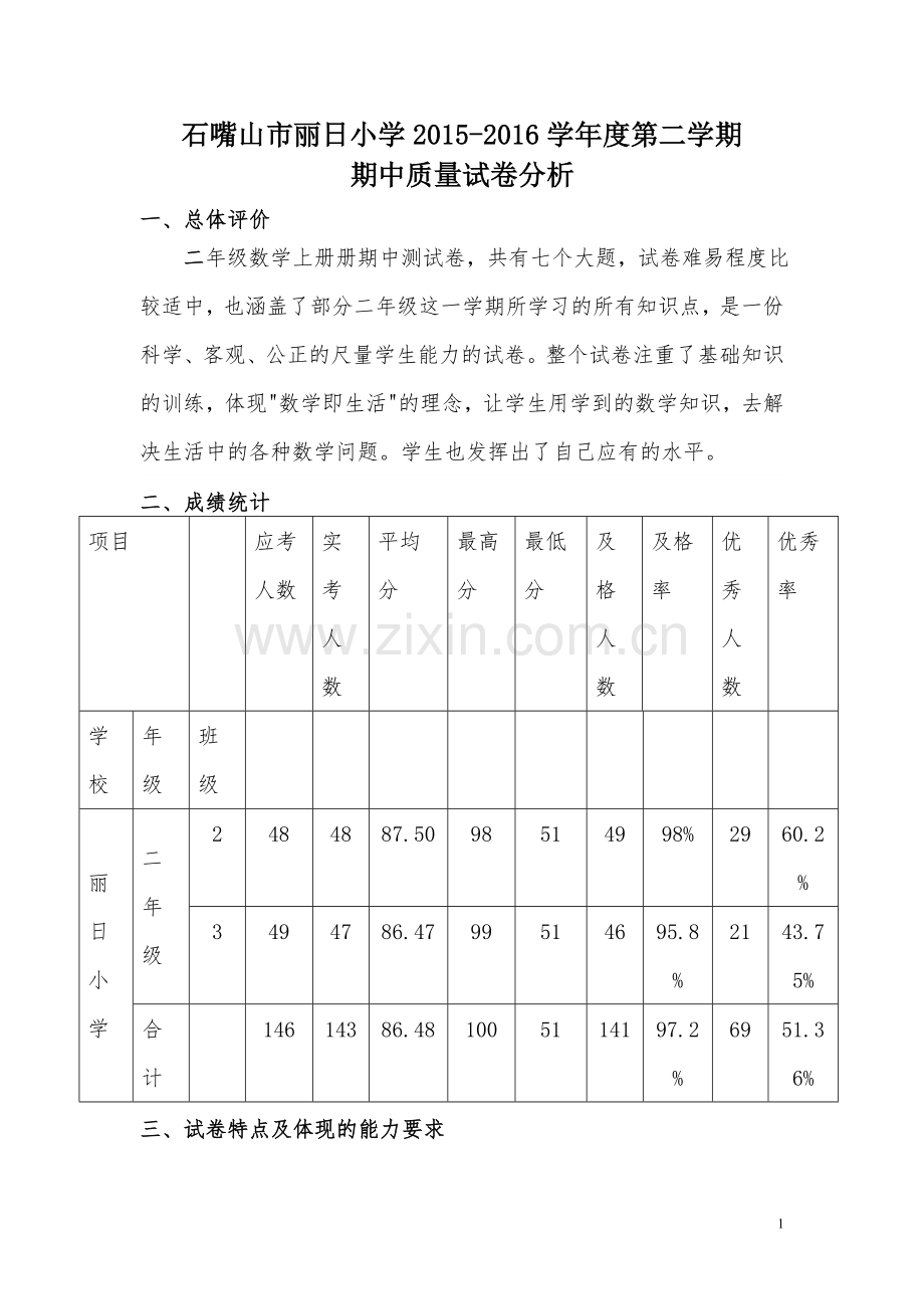 杨芳娟二年级数学卷面分析.doc_第1页