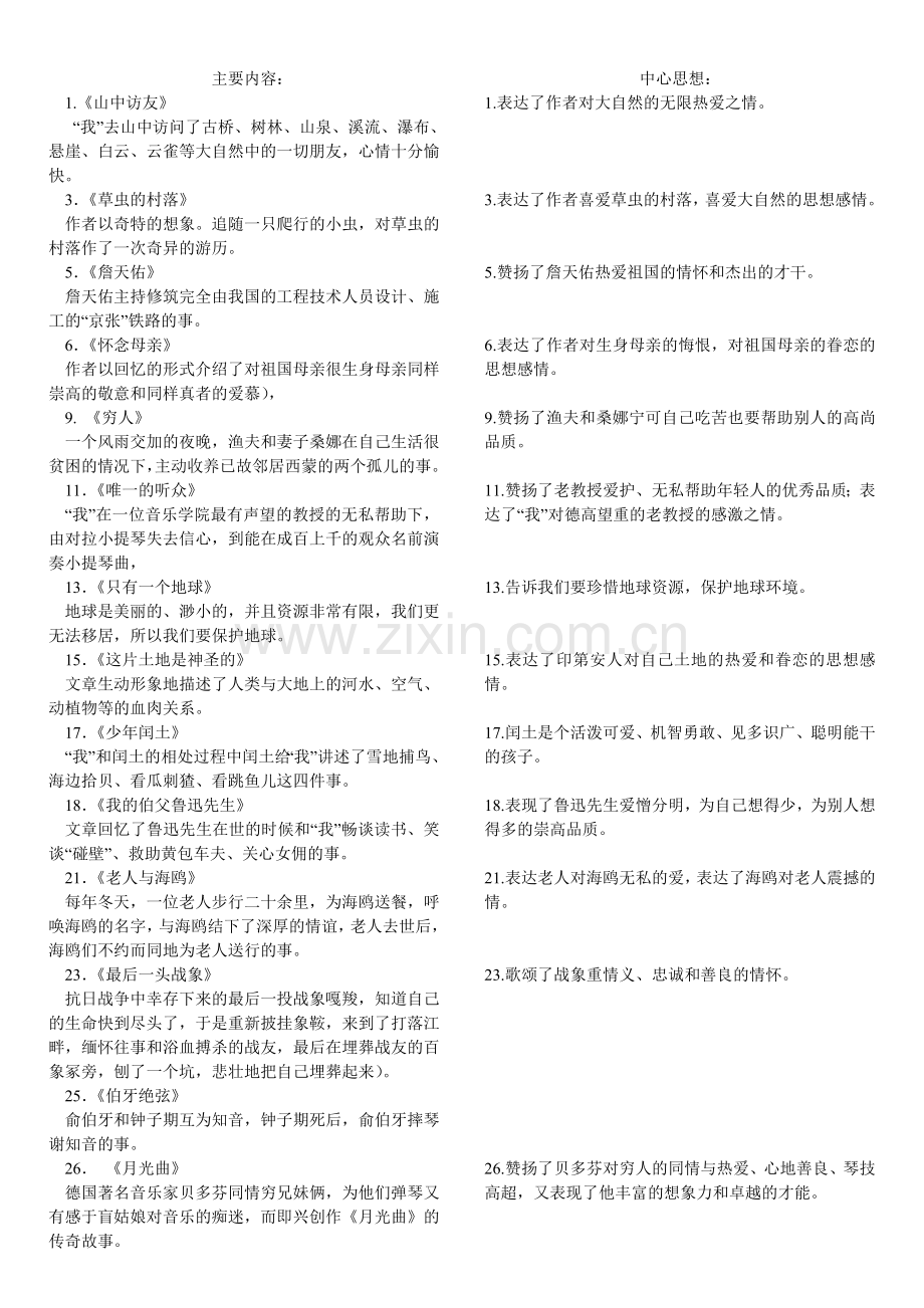 六年级语文上册主要内容及中心思想.doc_第1页