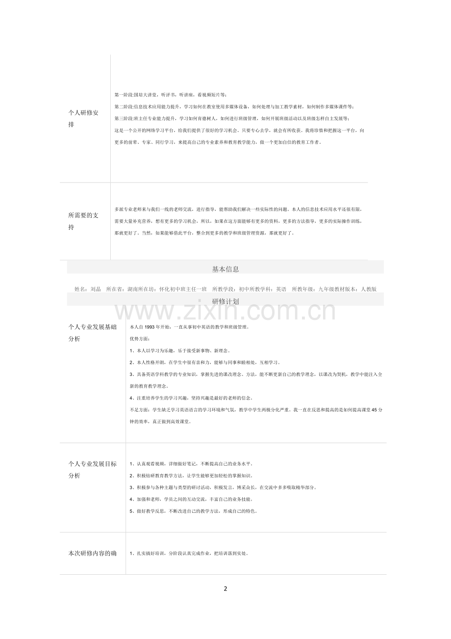 优秀作业展----个人研修计划表单.doc_第2页