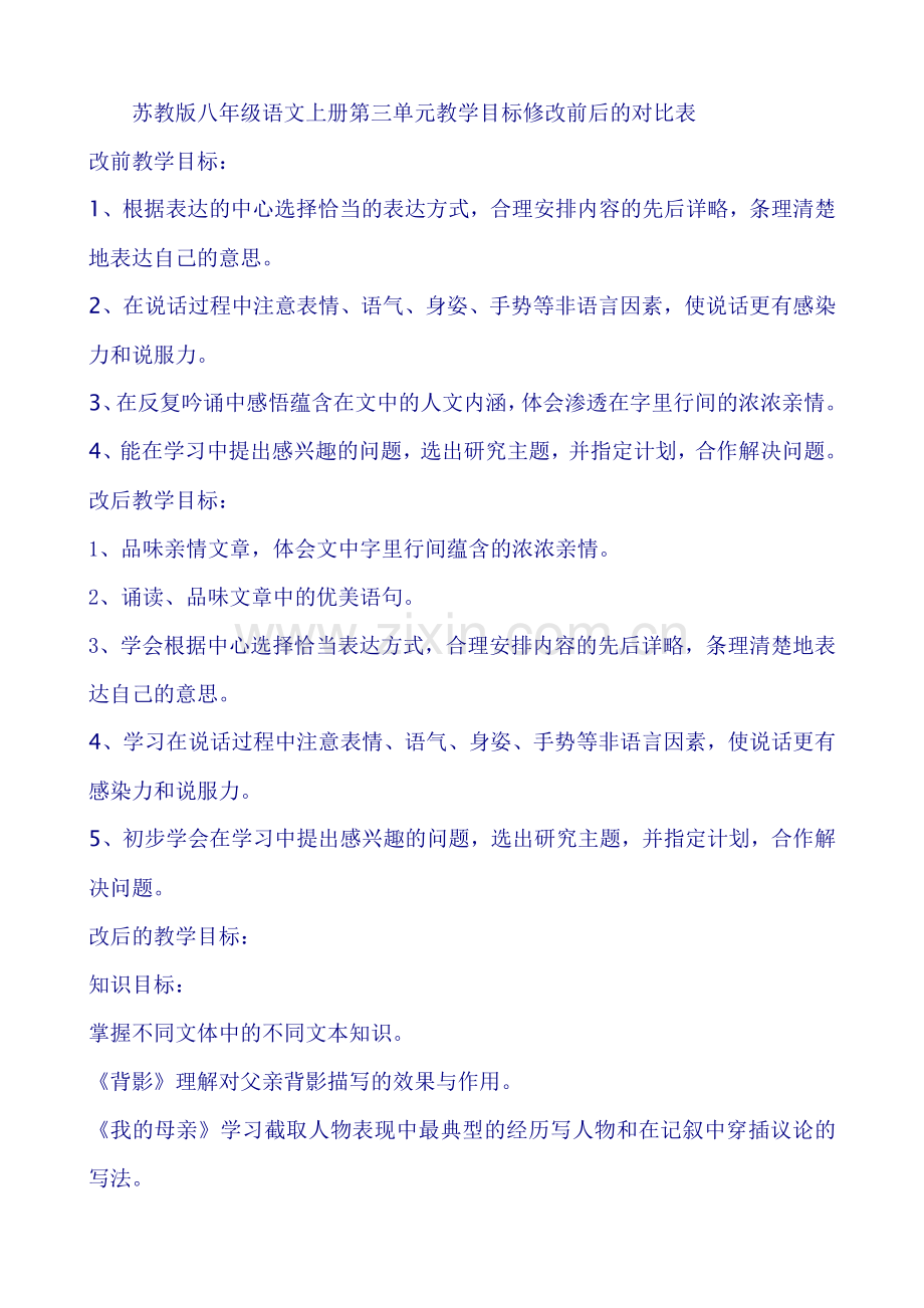 苏教版八年级语文上册第三元教学目标修改前后的对比表.doc_第1页