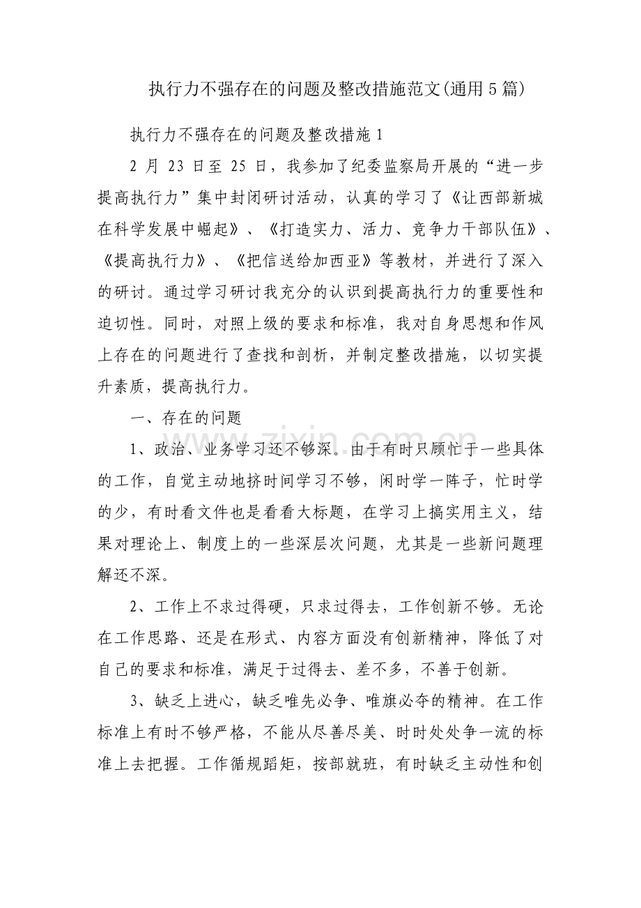 执行力不强存在的问题及整改措施范文(通用5篇).pdf_第1页