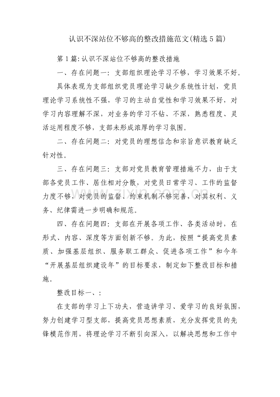 认识不深站位不够高的整改措施范文(5篇).pdf_第1页