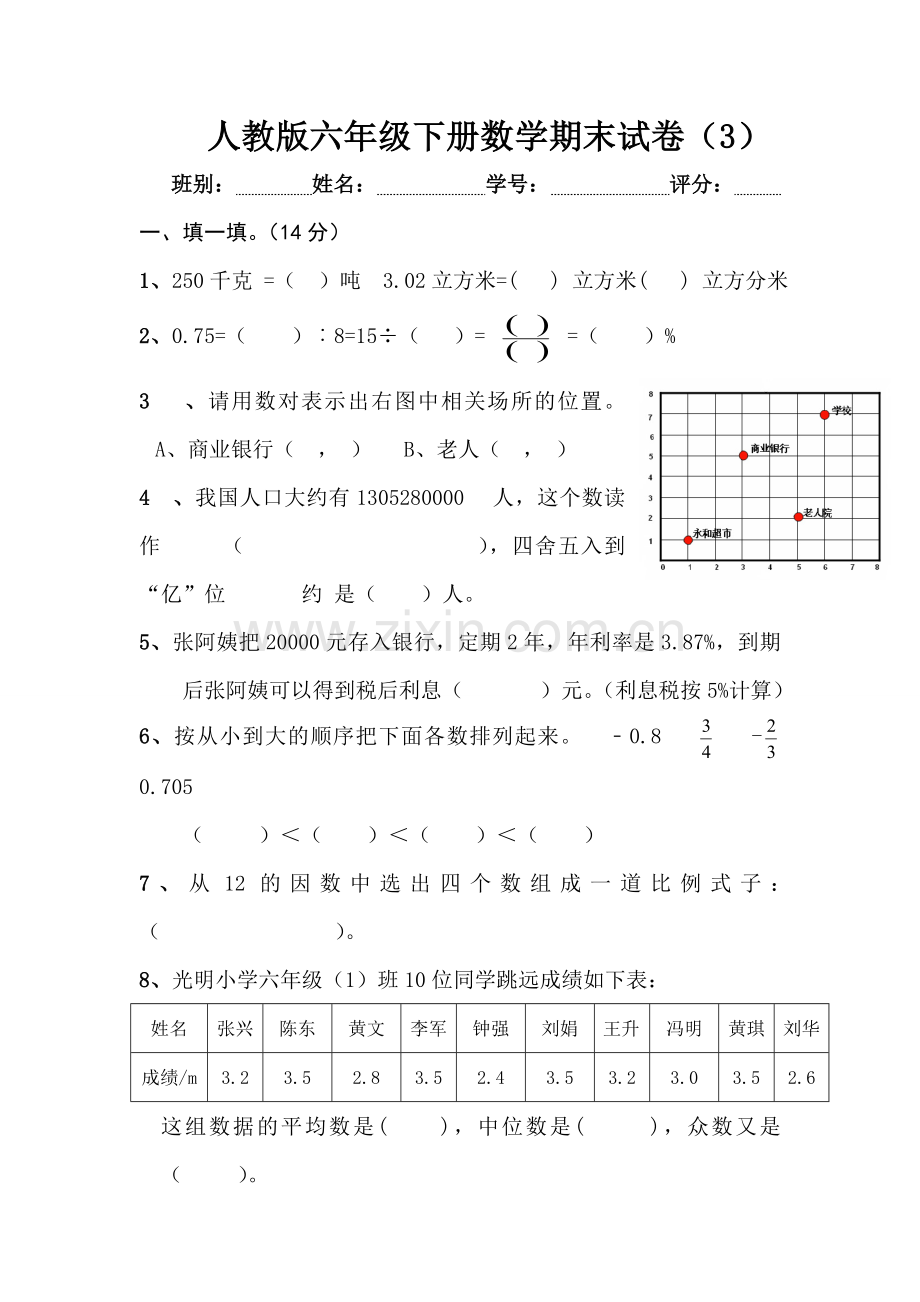 人教版六年级下册数学期末试卷.doc_第1页