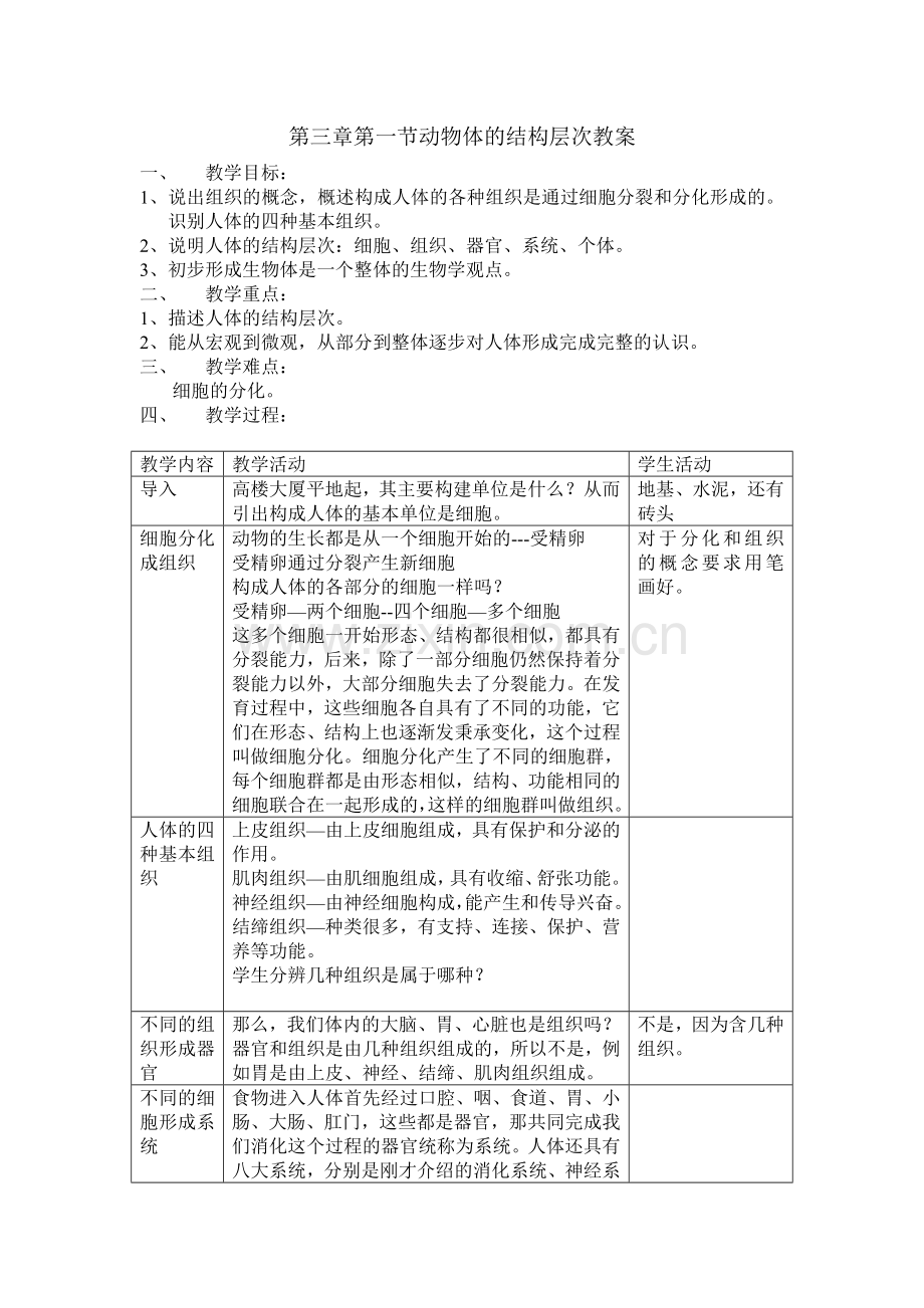 第三章第一节动物体的结构层次教案.doc_第1页