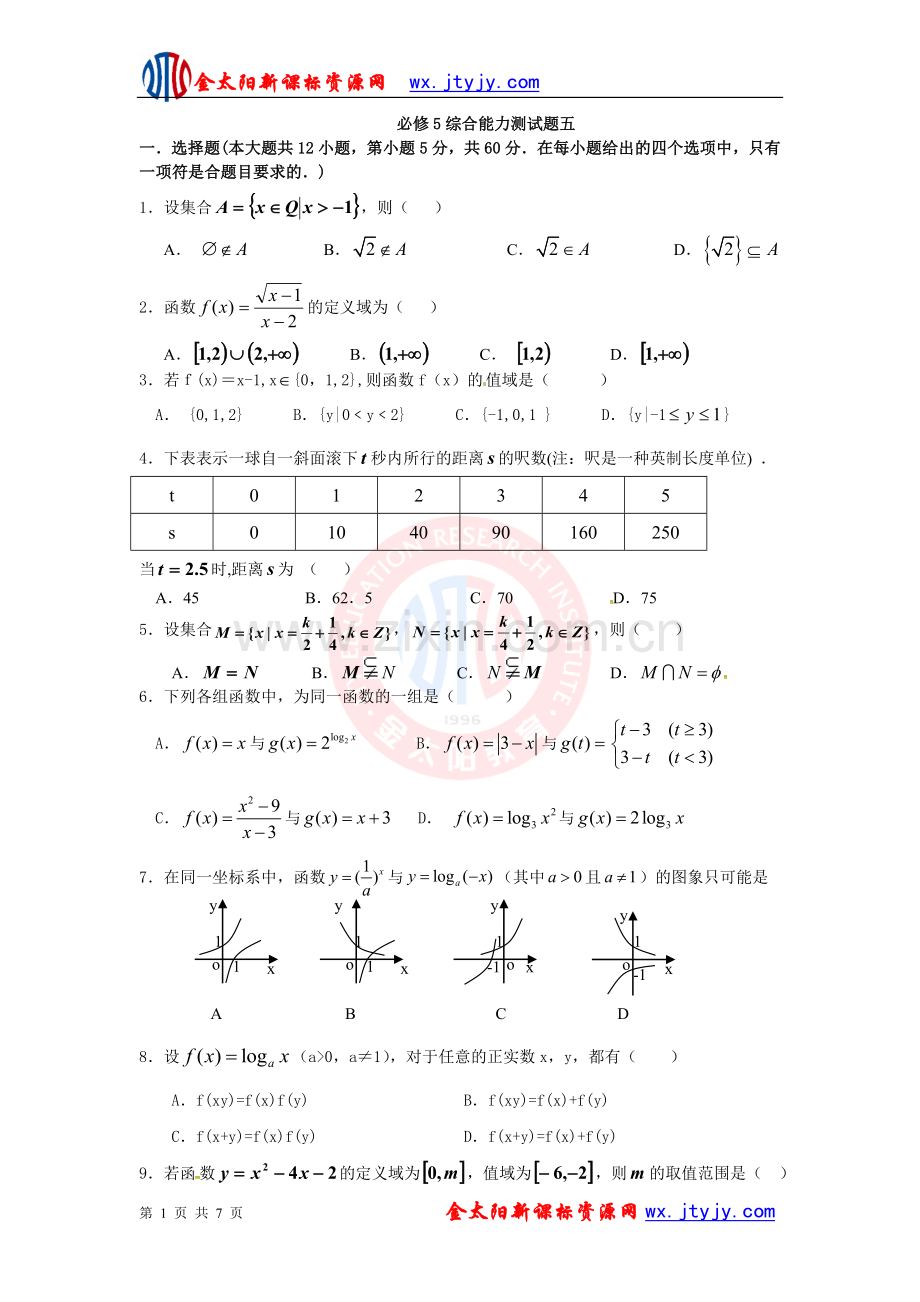 必修一综合能力测试题五.doc_第1页