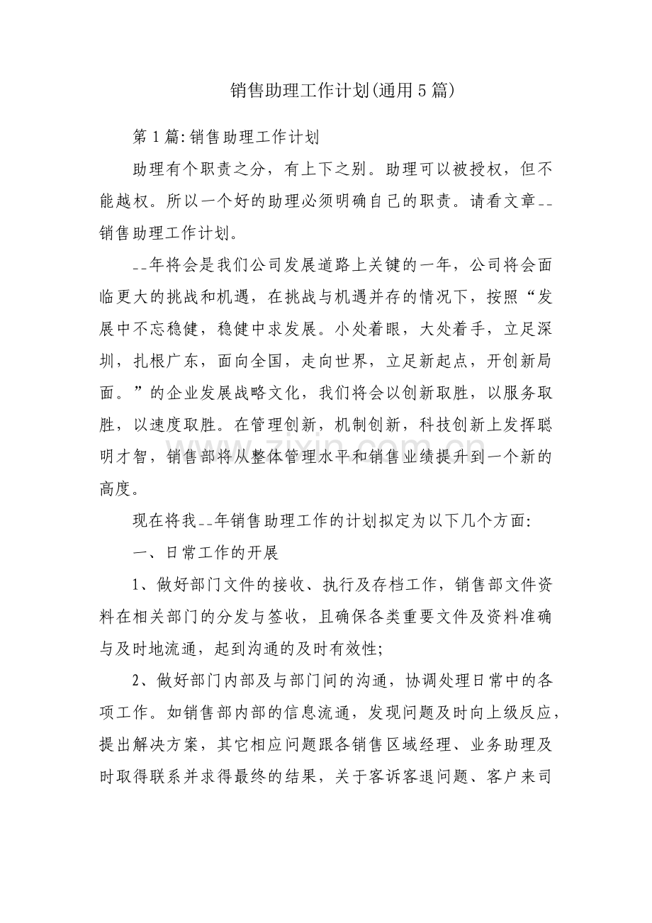 销售助理工作计划(通用5篇).pdf_第1页