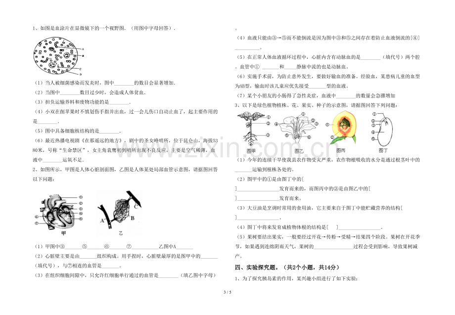 冀教版七年级生物(上册)期末试卷及答案.doc_第3页