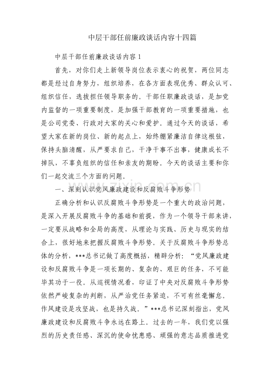 中层干部任前廉政谈话内容十四篇.pdf_第1页