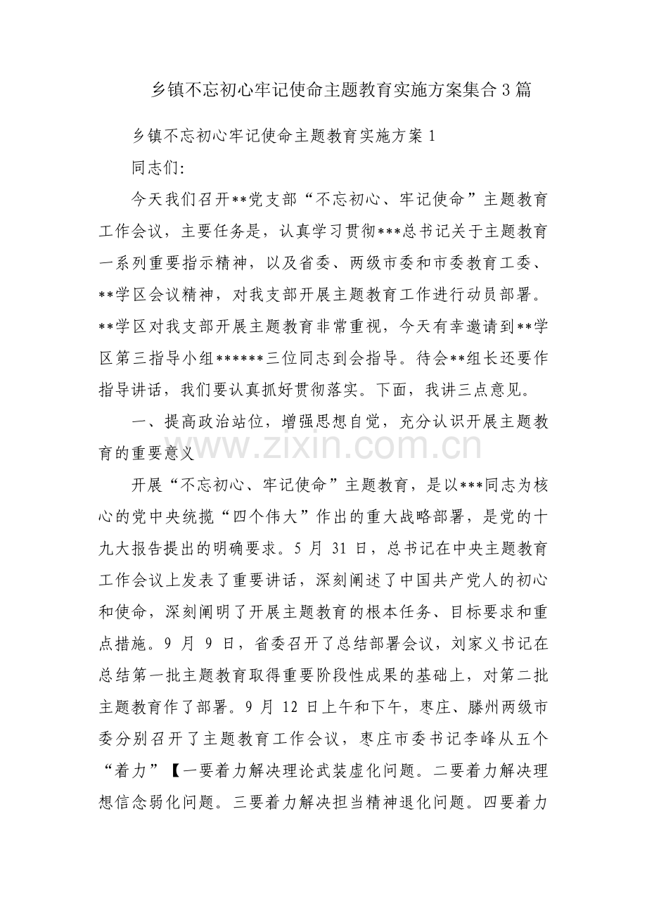 乡镇不忘初心牢记使命主题教育实施方案集合3篇.pdf_第1页