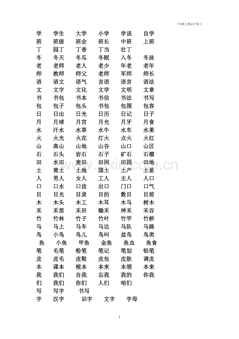 北师大版一年级上册认字表组词、成语.doc_第1页