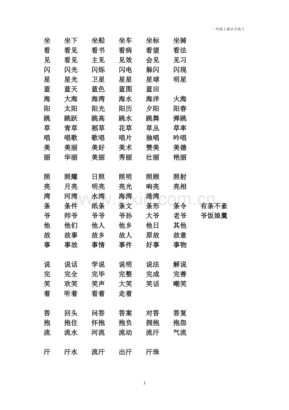 北师大版一年级上册认字表组词、成语.doc_第3页