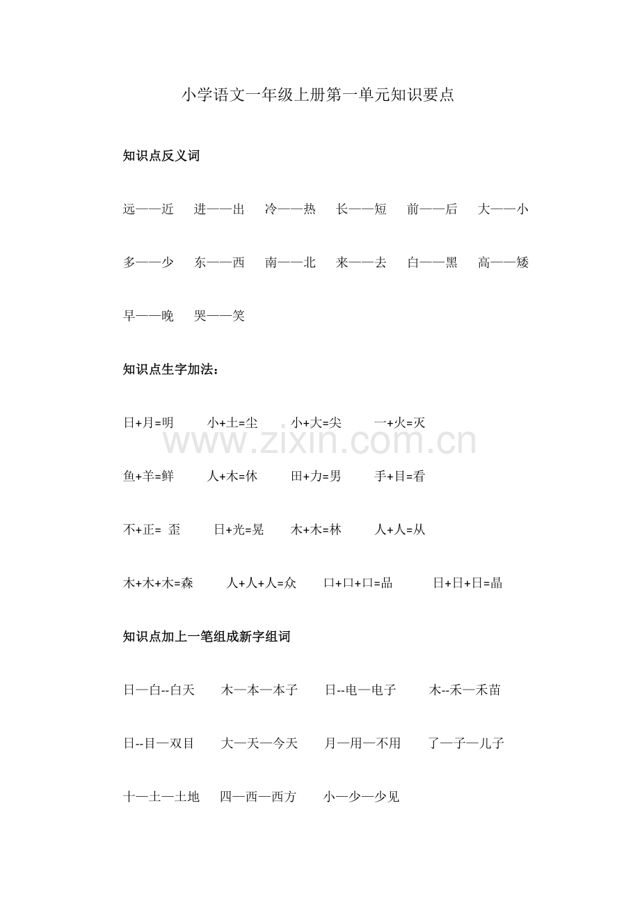 小学语文一年级上册第一单元知识要点.docx_第1页