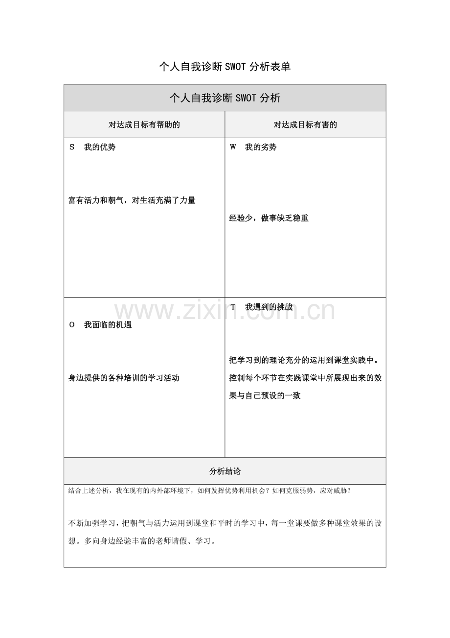 个人自我诊断SWOT分析表单.doc_第1页