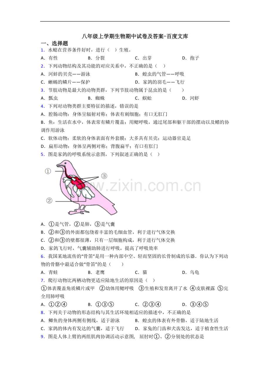 八年级上学期生物期中试卷及答案.doc_第1页