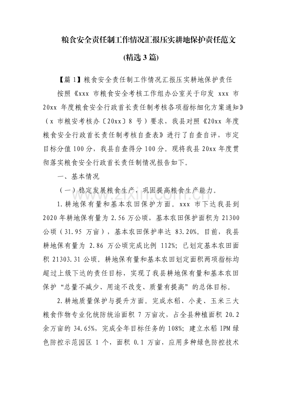 粮食安全责任制工作情况汇报压实耕地保护责任范文(3篇).pdf_第1页