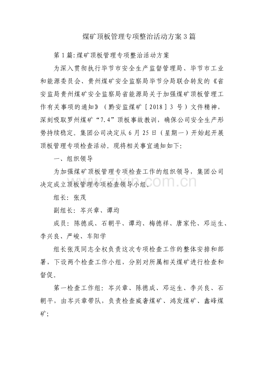 煤矿顶板管理专项整治活动方案3篇.pdf_第1页