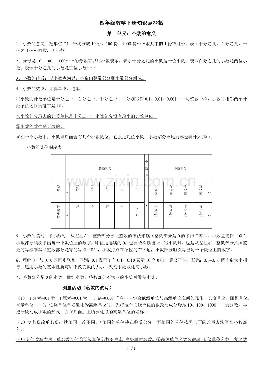 北师大版四年级数学下册知识点概括(全面).docx_第1页