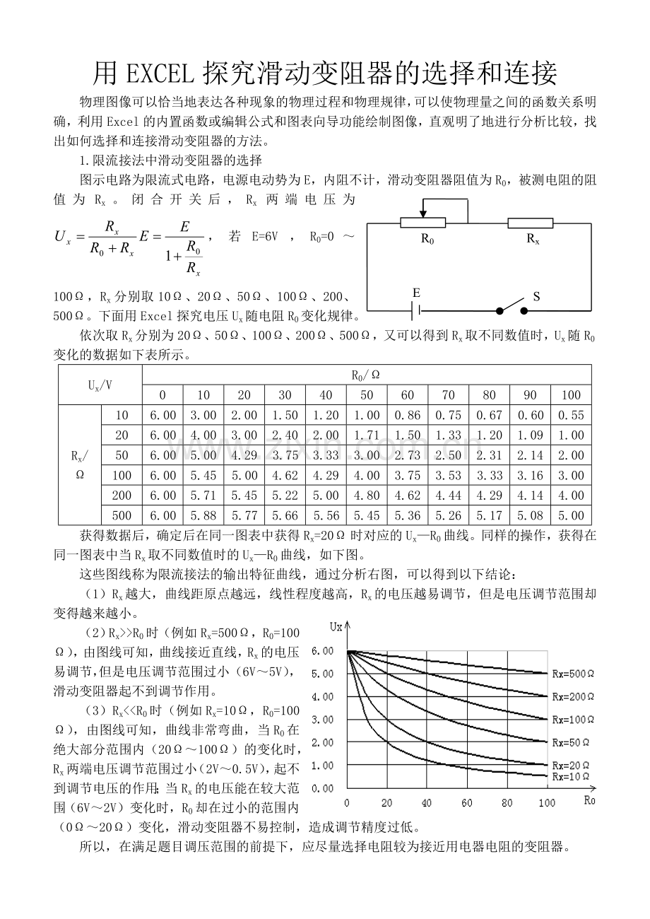 用EXCEL探究滑动变阻器的选择和连接.doc_第1页