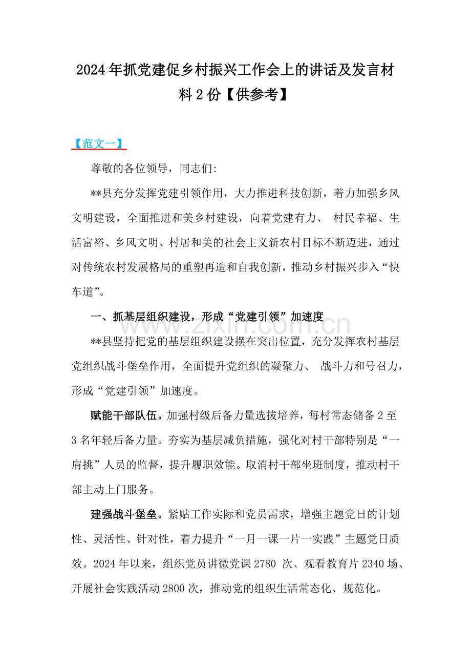 2024年抓党建促乡村振兴工作会上的讲话及发言材料2份【供参考】.docx_第1页