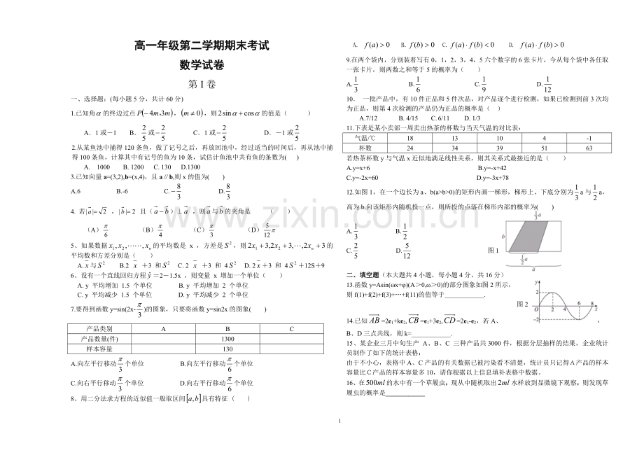 高一数学下期末试卷附有答案.doc_第1页