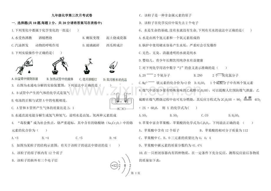 通化中学九年级化学第三次月考试卷.doc_第1页