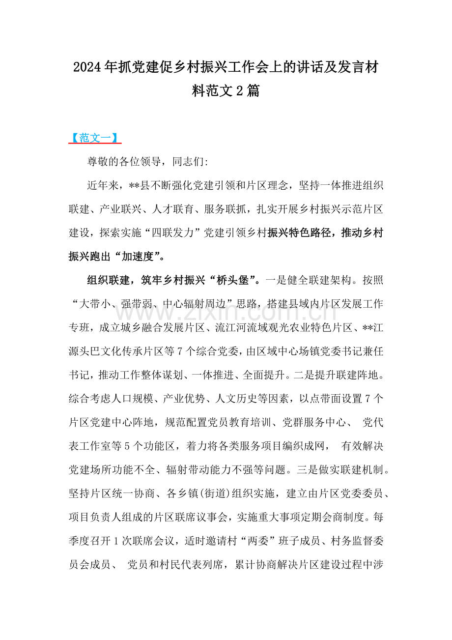 2024年抓党建促乡村振兴工作会上的讲话及发言材料范文2篇.docx_第1页