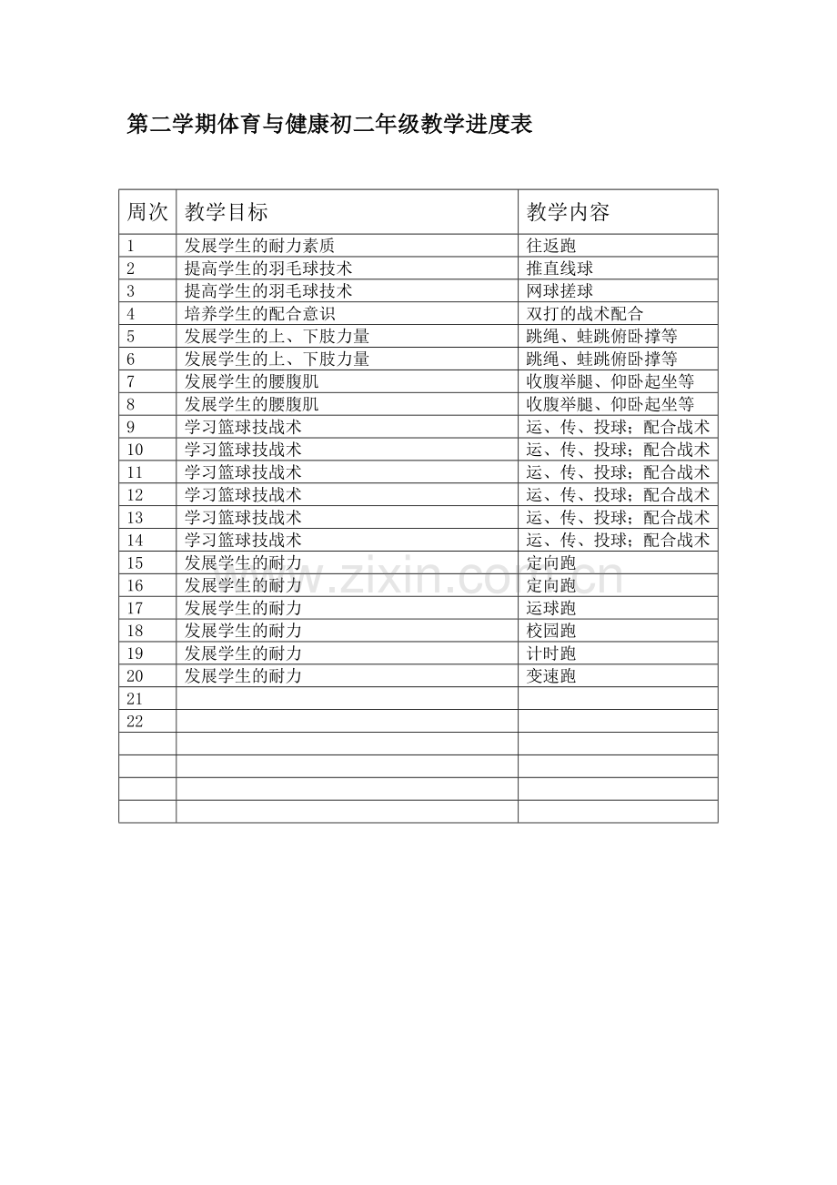 第二学期体育与健康一年级教学进度表.doc_第1页