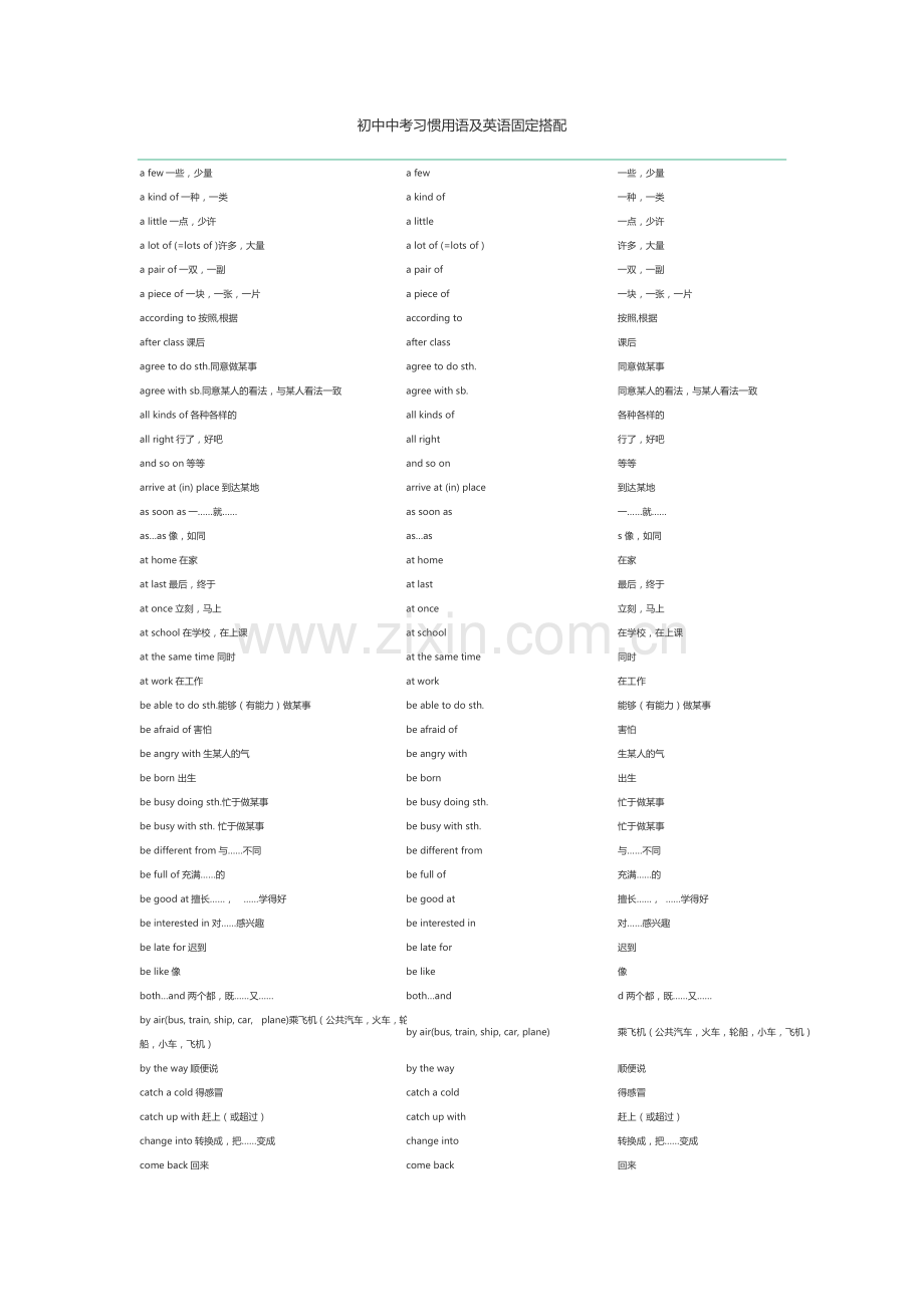 初中中考习惯用语及英语固定搭配.doc_第1页