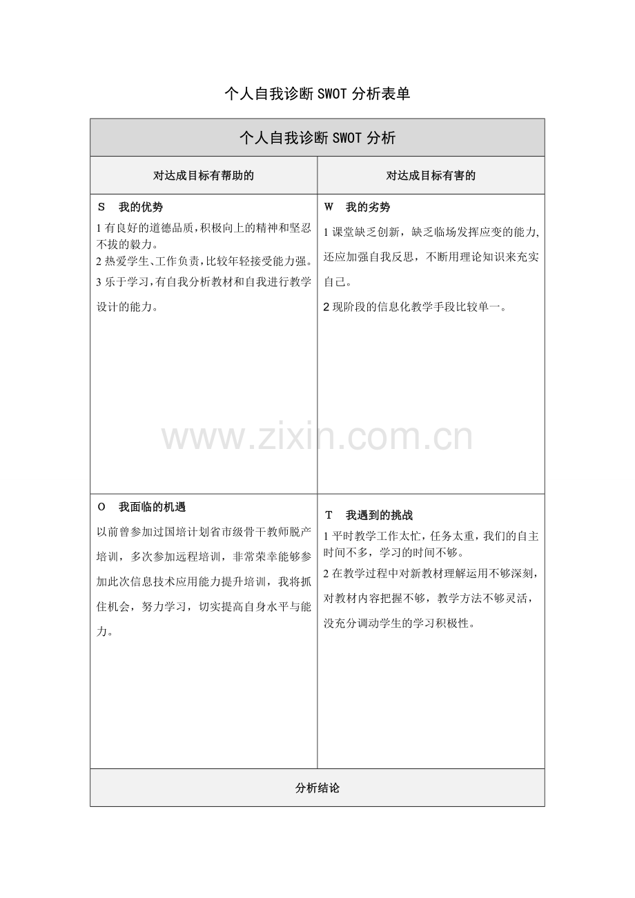 王莉：个人自我诊断SWOT分析表.doc_第1页