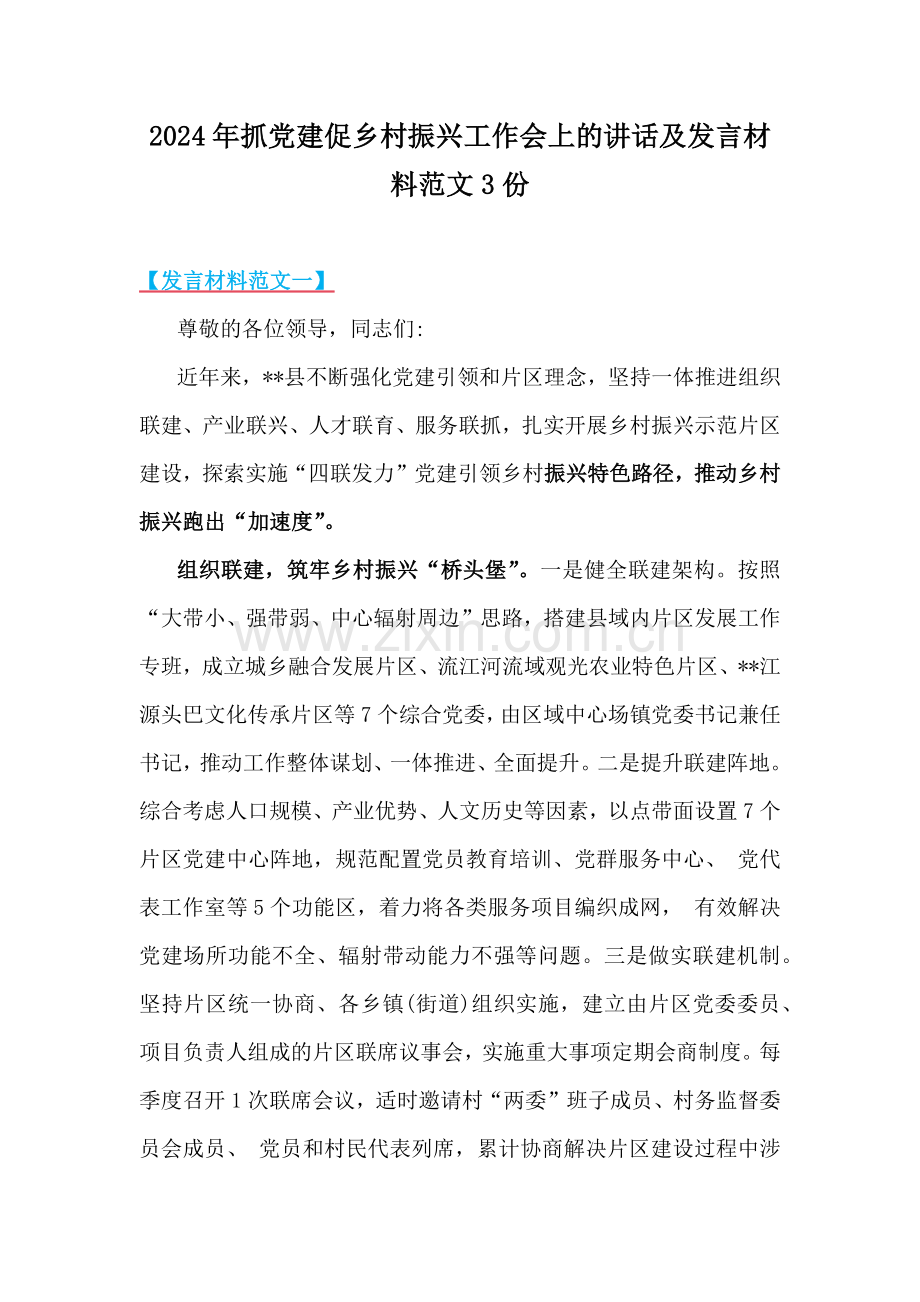 2024年抓党建促乡村振兴工作会上的讲话及发言材料范文3份.docx_第1页