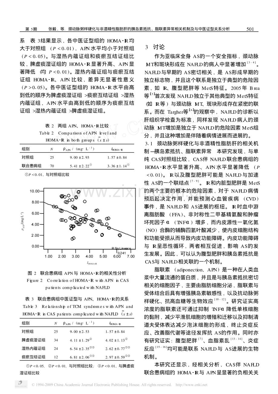 颈动脉粥样硬化与非酒精性脂肪肝的胰岛素抵抗_脂联素异常相关机制及与中医证型关系分.pdf_第3页