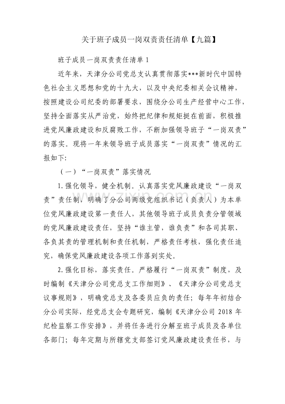 关于班子成员一岗双责责任清单【九篇】.pdf_第1页