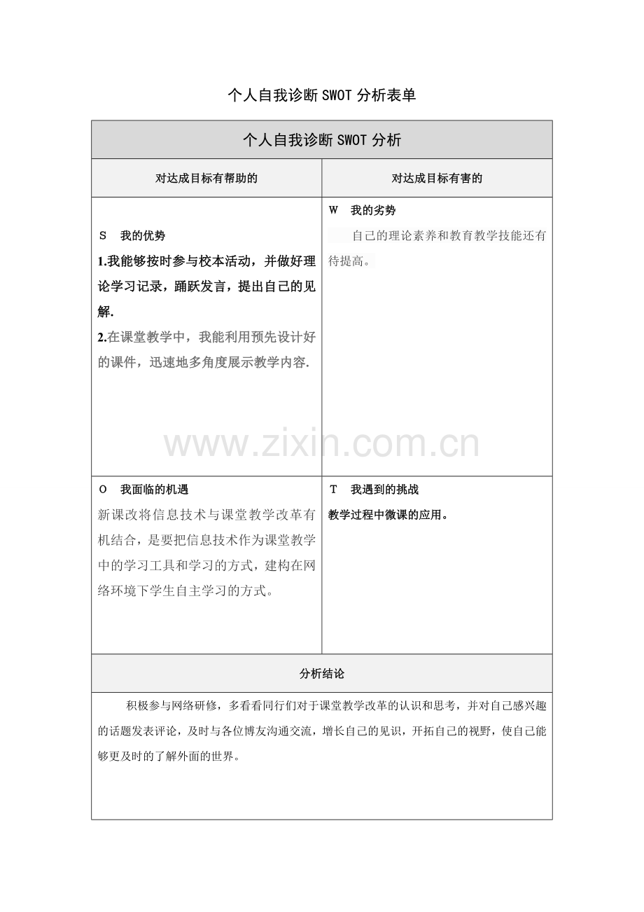 李虎个人自我诊断SWOT分析表.doc_第1页