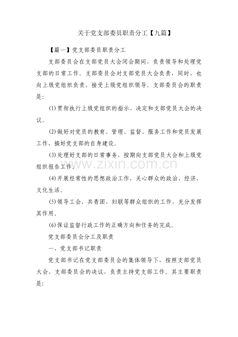 关于党支部委员职责分工【九篇】.pdf_第1页