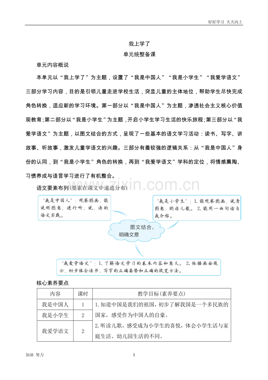 小学语文人教版一年级上册《我上学了单元整备课》word版教案.docx_第1页