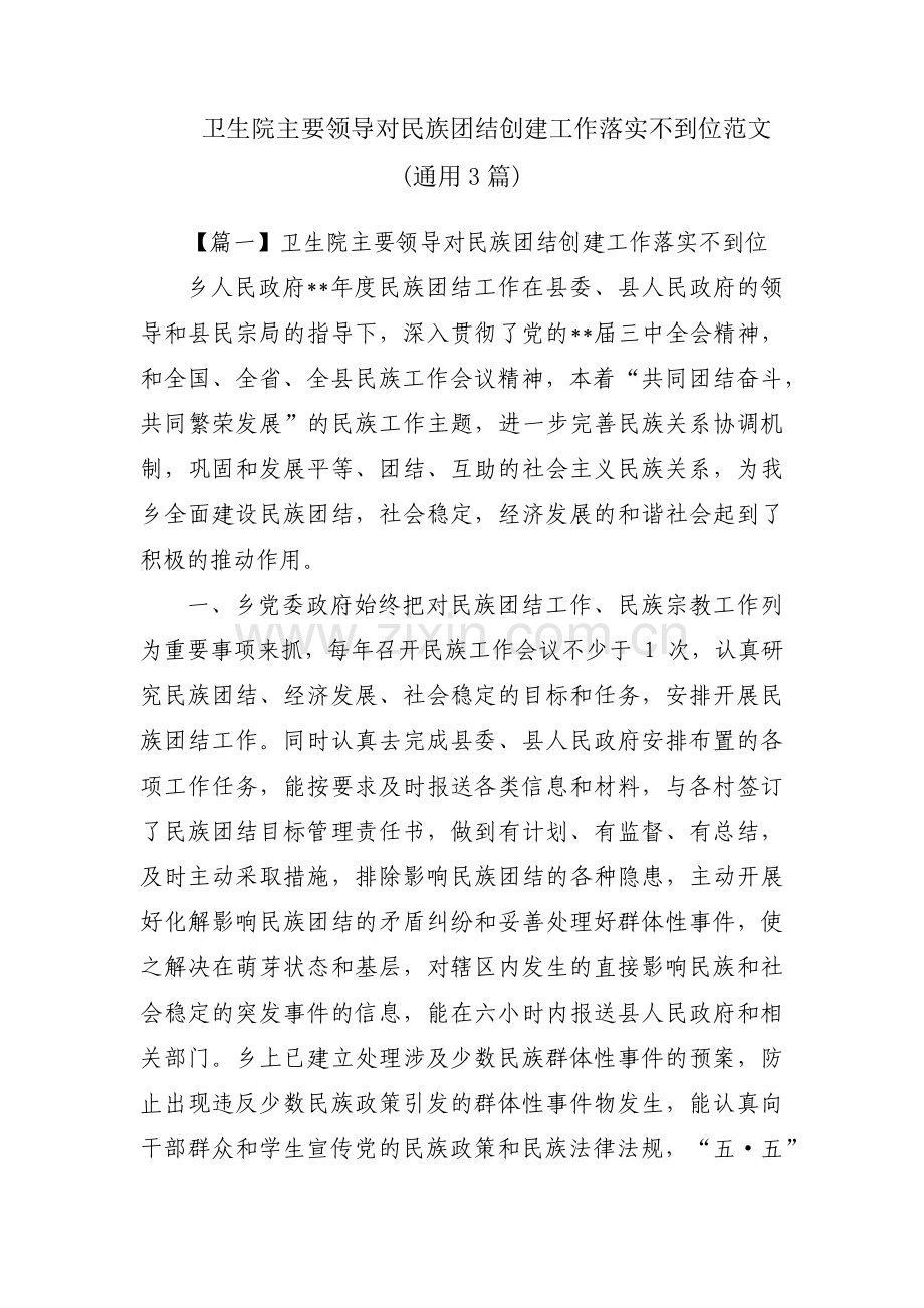 卫生院主要领导对民族团结创建工作落实不到位范文(通用3篇).pdf_第1页