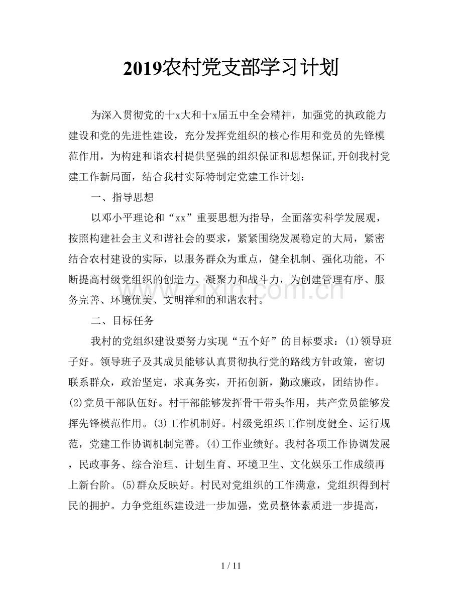 2019农村党支部学习计划.doc_第1页