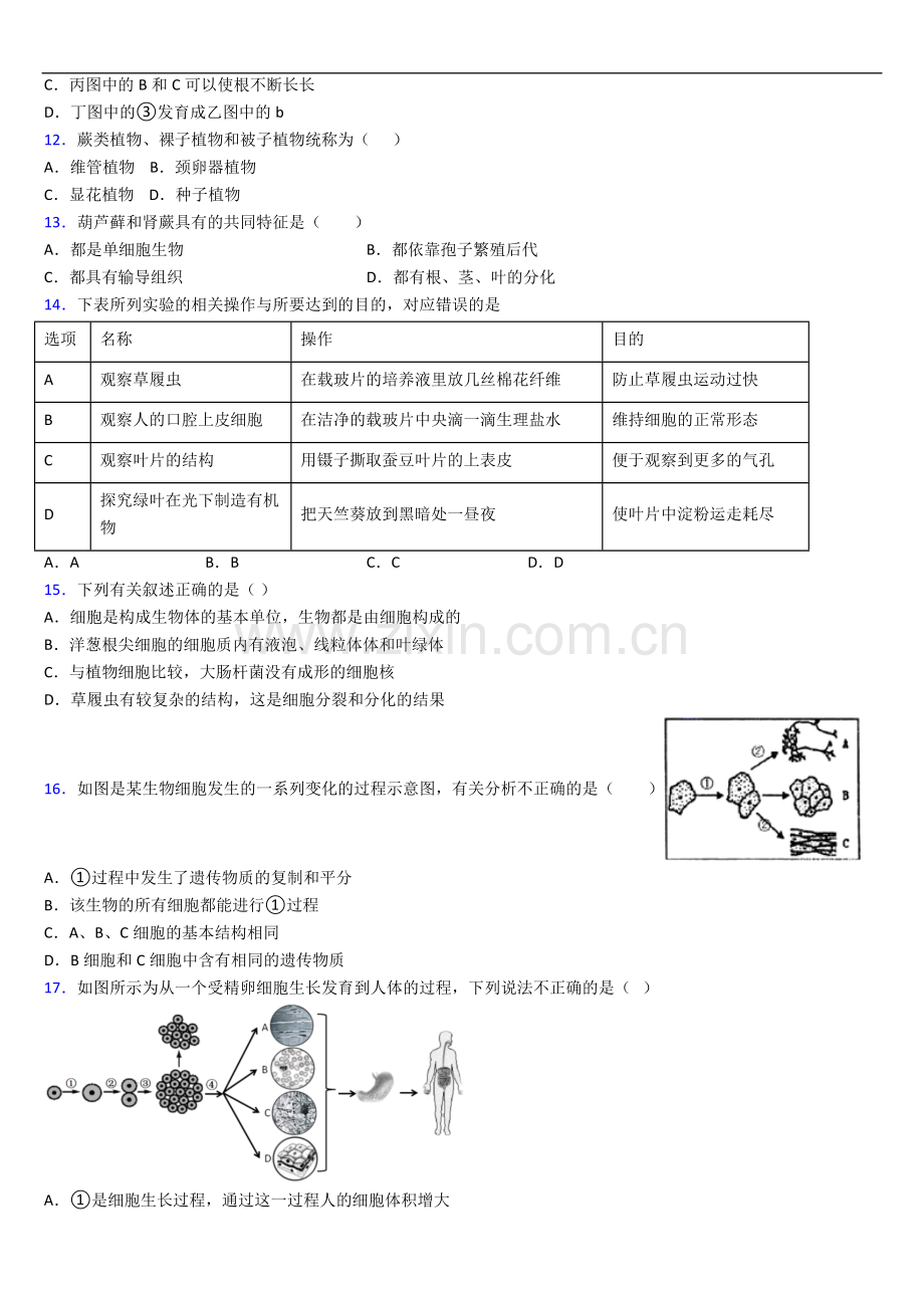 长沙市雅礼中学七年级上学期生物期中试卷及答案.doc_第3页