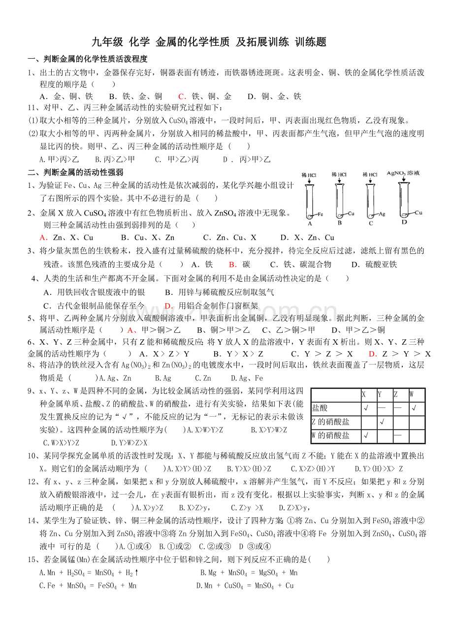 九年级-化学-金属的化学性质-训练题.doc_第1页