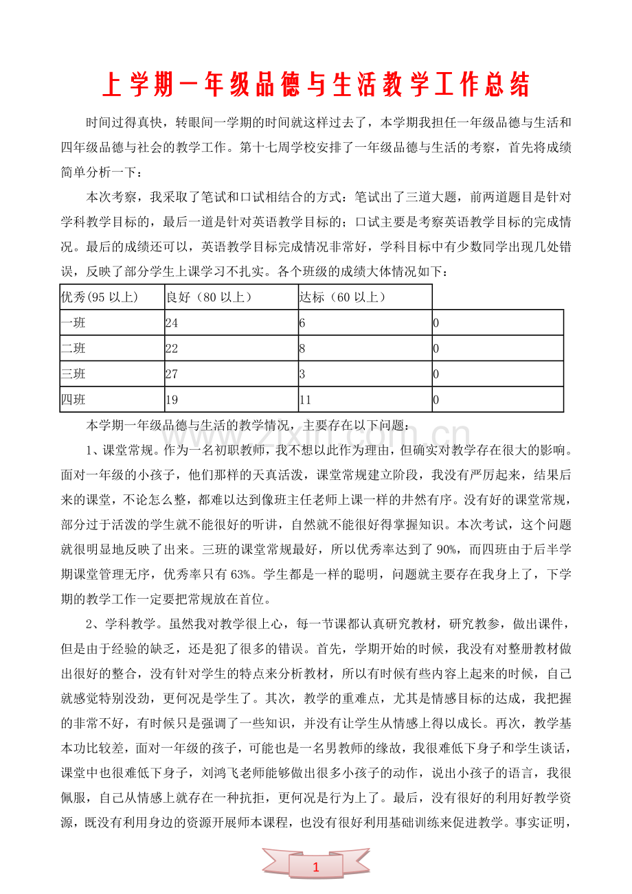 上学期一年级品德与生活教学工作总结.doc_第1页