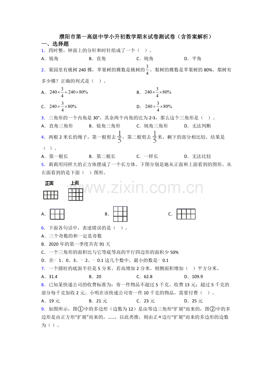 濮阳市第一高级中学小升初数学期末试卷测试卷（含答案解析）.doc_第1页