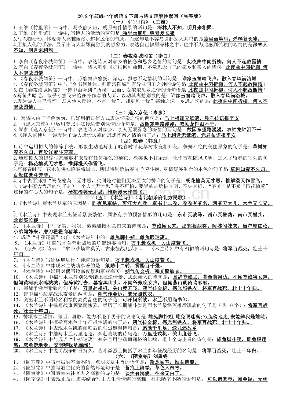 部编七年级下册古诗文理解性默写().docx_第1页