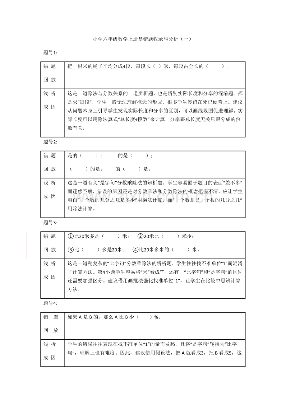 小学六年级数学上册易错题收录与分析.doc_第1页